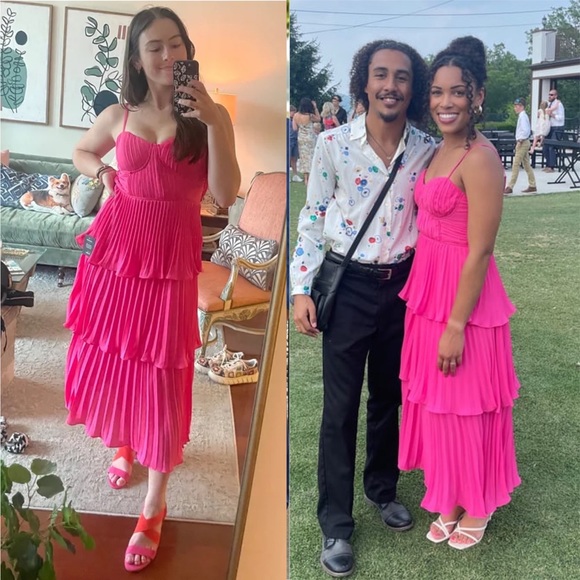 Hot Pink Bustier Pleated Tiered Chiffon Midi Dress 🌿 - Picture 5 of 12